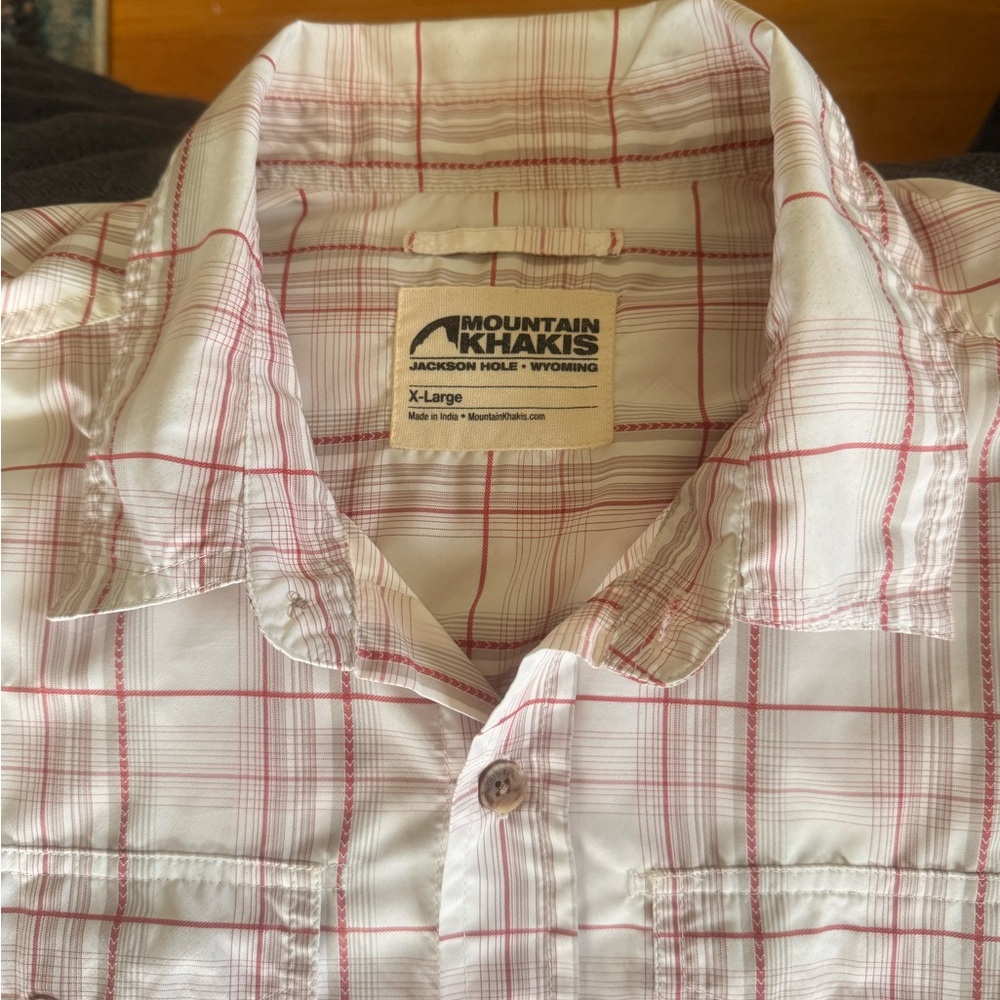 Mountain Khakis Men's Casual Short Sleeve White and Red Plaid Shirt